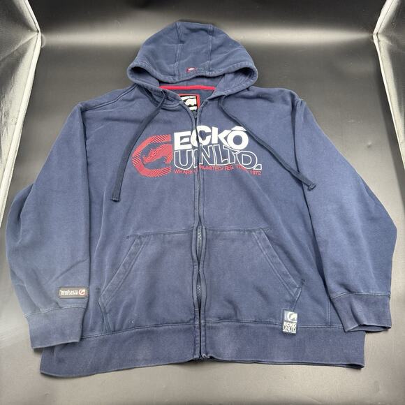VTG Ecko Unltd Streetwear Hip Hop Y2K Full Zip Hoodie Sweatshirt Blue Fits XL - Picture 1 of 7